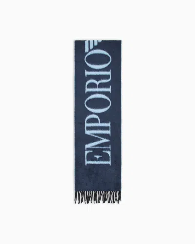 Emporio Armani Two-tone Wool-blend Scarf With Oversized Lettering In Blue