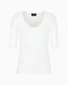Emporio Armani Two-way Stretch Jacquard Jersey V-neck Jumper With Three-quarter Length Sleeves In White