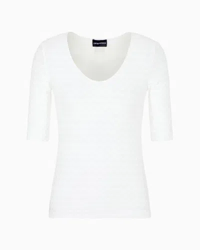 Emporio Armani Two-way Stretch Jacquard Jersey V-neck Jumper With Three-quarter Length Sleeves In White