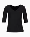 Emporio Armani Official Store Two-way Stretch Jacquard Jersey V-neck Jumper With Three-quarter Length Sleeves In Black
