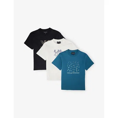 Emporio Armani Kids' Ub118 Blue Navy Graphic-print Set Of Three Cotton T-shirts 4-1 In Multi