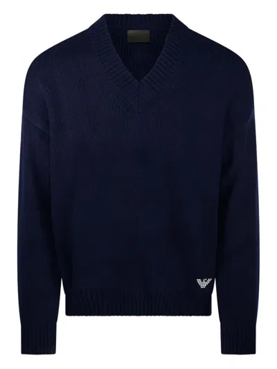 Emporio Armani V-neck Logo Sweater In Blue