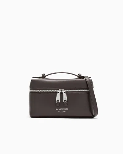 Emporio Armani Vanity Case In Leather With Cotton Lining In Brown