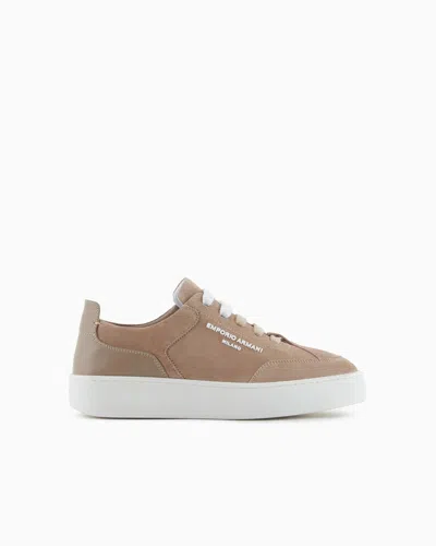 Emporio Armani Official Store Velour Leather Sneakers With Side Logo In Camel