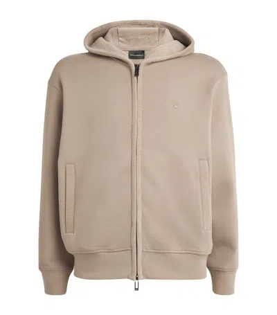 Emporio Armani Velour-trim Zip-up Hoodie In Beige