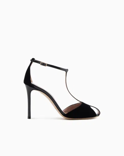 Emporio Armani Velvet And Patent-leather T-bar Heeled Sandals In Multi