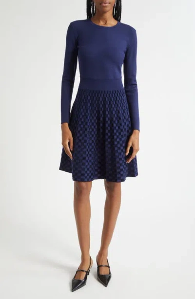 Emporio Armani Velvet Check Long Sleeve Sweater Dress In Blue
