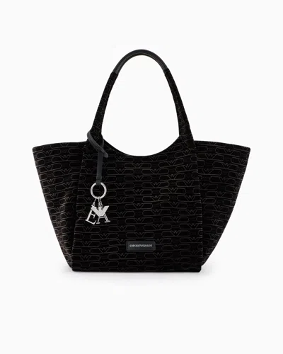 Emporio Armani Velvet Shopper Bag With All-over Monogram In Black