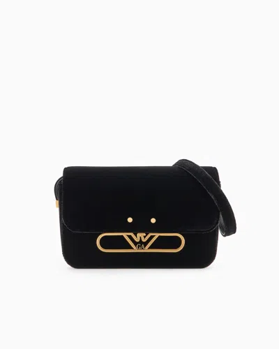Emporio Armani Velvet Shoulder Bag With Metal Eagle Logo In Noir