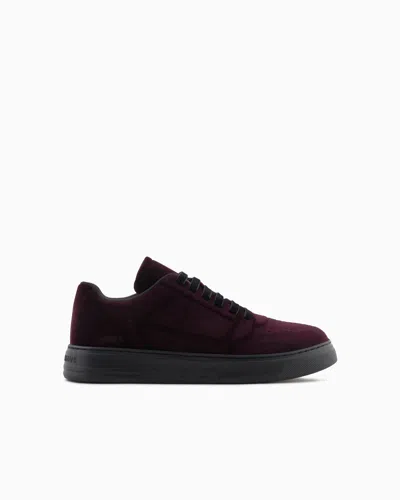 Emporio Armani Velvet Trainers With Side Logo In Burgundy