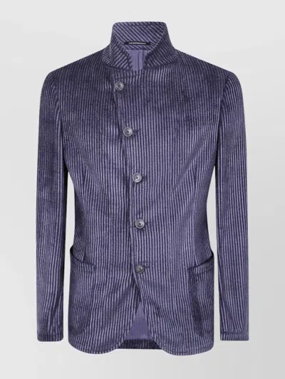 Emporio Armani Vertical Striped Velvet Long Sleeve Jacket In Blue