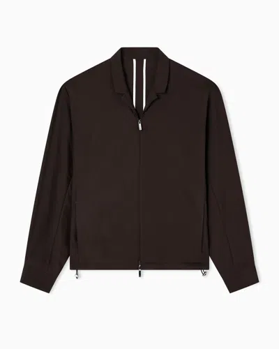 Emporio Armani Veste Chemise Zippée En Toile De Laine Froide Tropicale In Brown