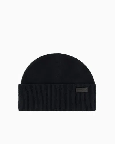 Emporio Armani Official Store Virgin Wool Beanie With Turned-up Brim In Navy Blue