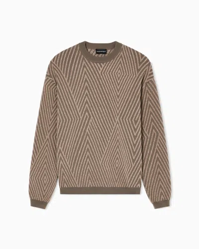 Emporio Armani Virgin Wool-blend Jumper With Op-art Jacquard With Oversized Diamonds In Brown