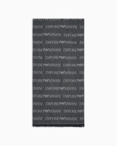 Emporio Armani Virgin-wool Blend Scarf With Jacquard Logo Lettering And Fringes In Blue