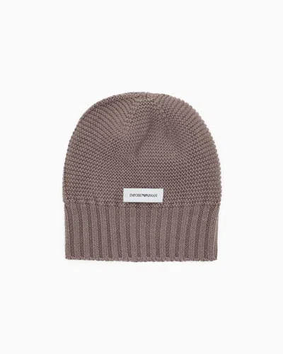 Emporio Armani Virgin Wool Cable Knit Beanie With A Ribbed Bottom In Brown