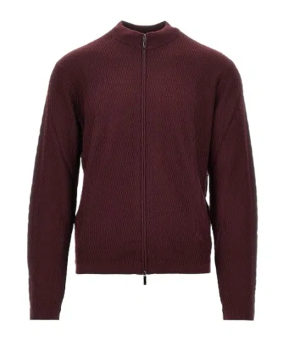 Emporio Armani Virgin Wool Cardigan With A Regular Fit And Fancy Stitch In Burgundy