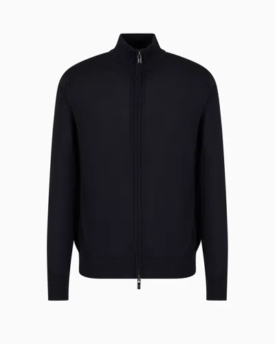 Emporio Armani Virgin-wool Full-zip Cardigan In Navy Blue