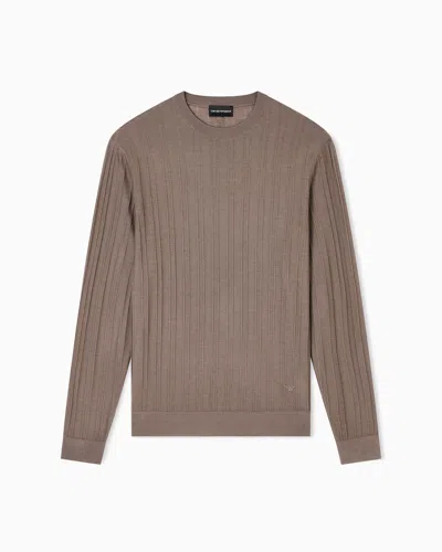 Emporio Armani Virgin Wool Jumper With Embossed Jacquard Pattern In Brown