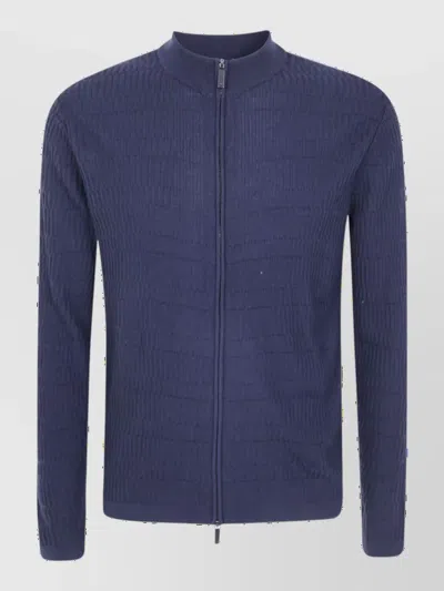 Emporio Armani Virgin Wool Round Neck Cardigan In Blue