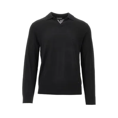 Emporio Armani Virgin Wool Sweater With Polo Collar In Black