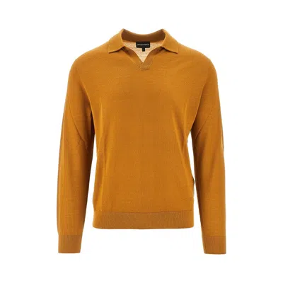 Emporio Armani Virgin Wool Sweater With Polo Collar In Brown