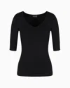 Emporio Armani Official Store Viscose Stretch Jersey V-neck Jumper With Three-quarter Length Sleeves In Black