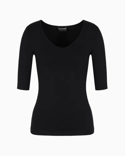Emporio Armani Official Store Viscose Stretch Jersey V-neck Jumper With Three-quarter Length Sleeves In Black