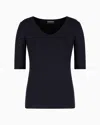 Emporio Armani Official Store Viscose Stretch Jersey V-neck Jumper With Three-quarter Length Sleeves In Navy Blue
