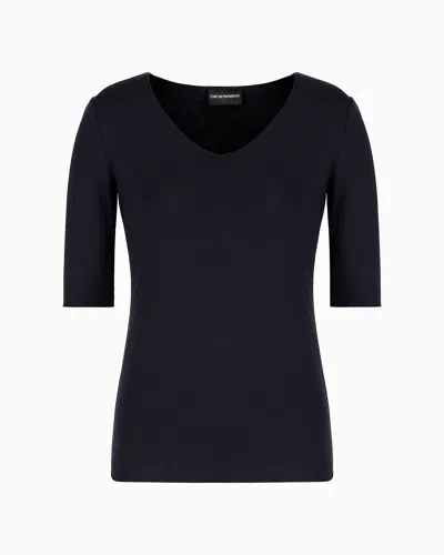 Emporio Armani Official Store Viscose Stretch Jersey V-neck Jumper With Three-quarter Length Sleeves In Navy Blue