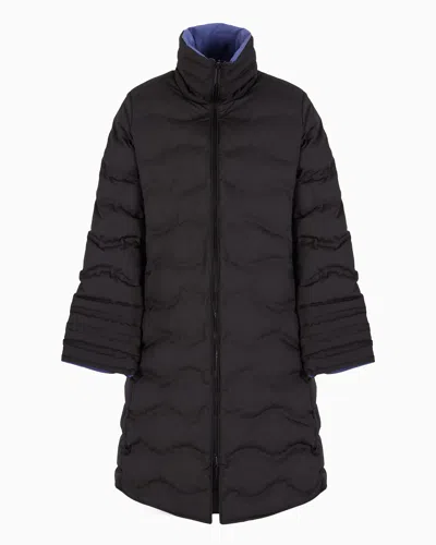 Emporio Armani Water-repellent, Reversible Three-quarter Length Jacket In Wavy Quilted Nylon In Schwarz