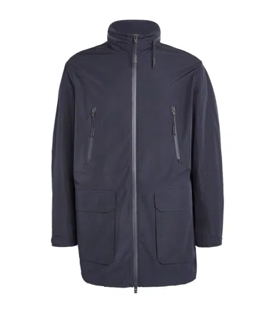 Emporio Armani Water-repellent Travel Essentials Long Jacket In Blue