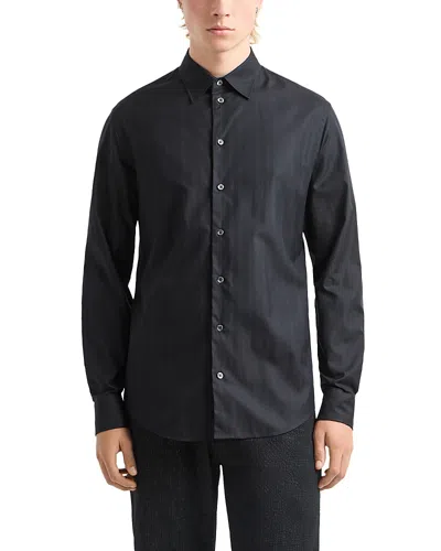 Emporio Armani Wave Jacquard Textured Regular Fit Button Down Shirt In Black Beauty