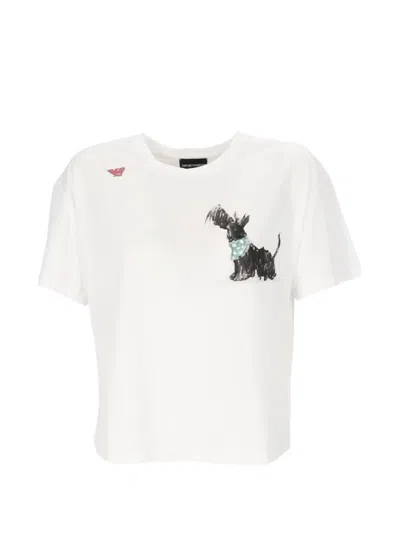 Emporio Armani Cropped White T-shirt With Playful Dog Graphic