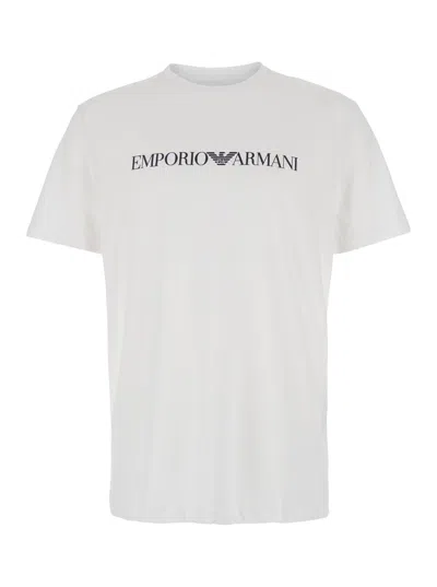 Emporio Armani White And Black Crewneck T-shirt With Writing In Cotton