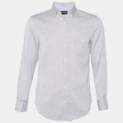 Pre-owned Emporio Armani White & Blue Striped Cotton Button Front Shirt M