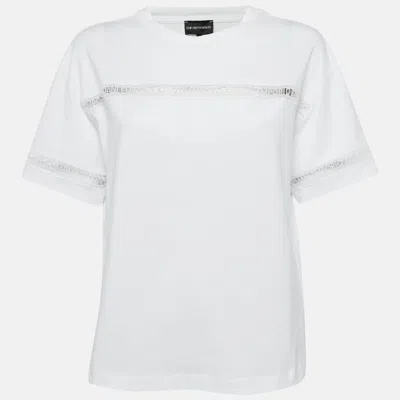 Pre-owned Emporio Armani White Cotton Logo Lace Trimmed T-shirt M In Purple