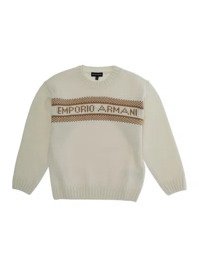Emporio Armani Kids' White Crewneck Sweater With Maxi Logo Lettering On The Front And Ribbed Trims In Wool Blend Boy In Neutral