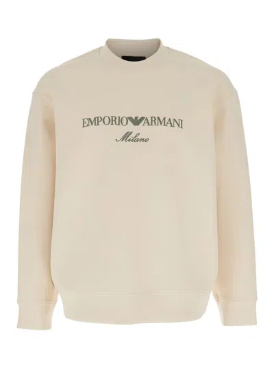 Emporio Armani White Crewneck Sweatshirt With Maxi Logo Lettering On The Front In Cotton Blend Stretch Man