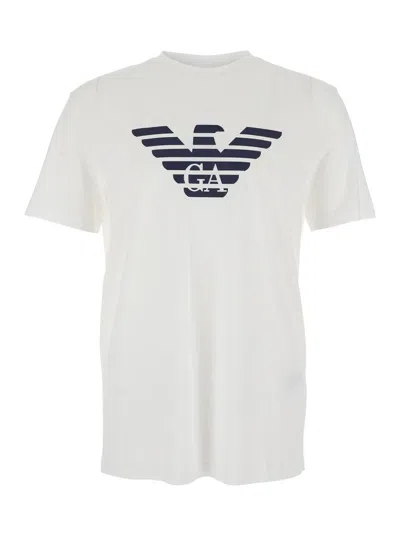 Emporio Armani White Crewneck T-shirt With Logo Embroidery On The Front In Cotton Man