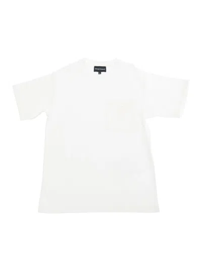 EMPORIO ARMANI WHITE CREWNECK T-SHIRT WITH LOGO EMBROIDERY ON THE POCKET IN COTTON STRETCH BOY