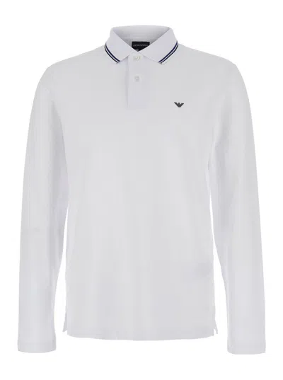 Emporio Armani White Long Sleeve Polo Shirt With Logo Embroidery