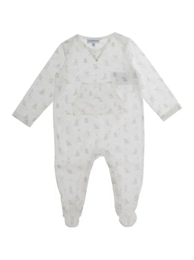 Emporio Armani White Onesie With All-over Logo Motif In Cotton Baby
