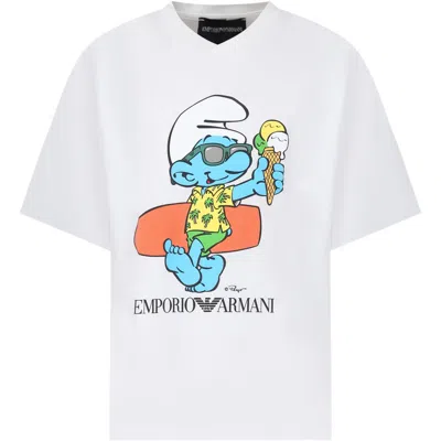 Emporio Armani Kids' White T-shirt For Boy With Smurf Print In Bianco Caldo