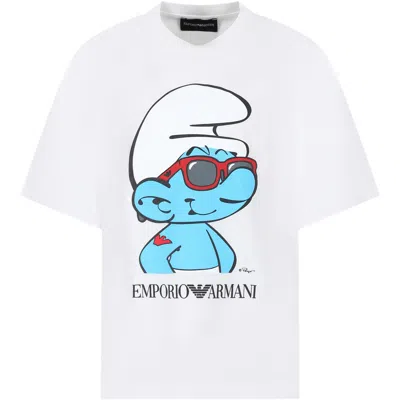 Emporio Armani Kids' White T-shirt For Boy With Smurf Print In Bianco Off White