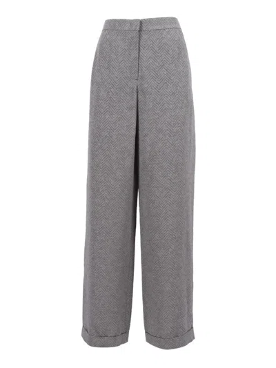 Emporio Armani Wide-leg Trousers With Herringbone Pattern And Discreet Pocket In Gray