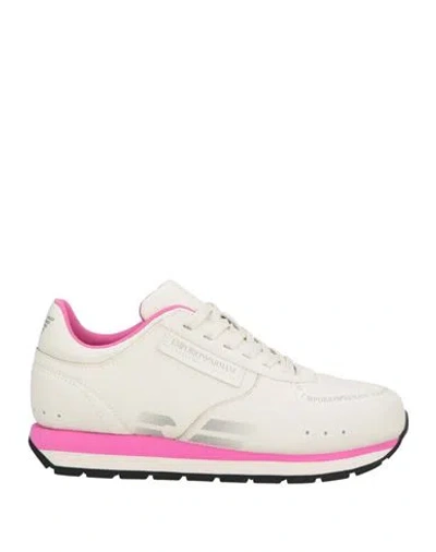 Emporio Armani Woman Sneakers Ivory Size 7.5 Cow Leather, Polyester, Polyurethane In White