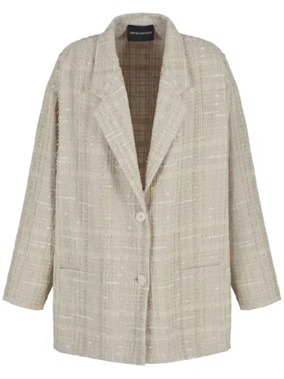 Emporio Armani Tan Single-breasted Blazer For Women In Cotton-linen Bouclé Material In Beige