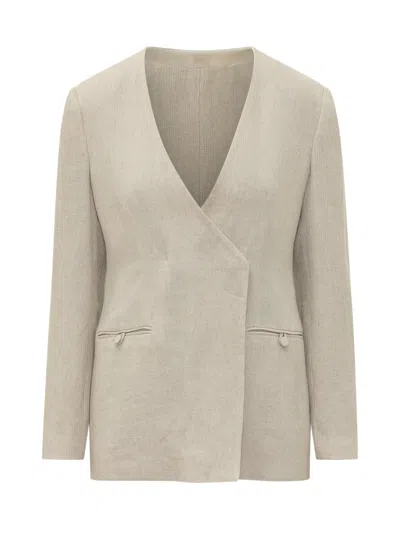 Emporio Armani Beige Solid V Neck Blazer