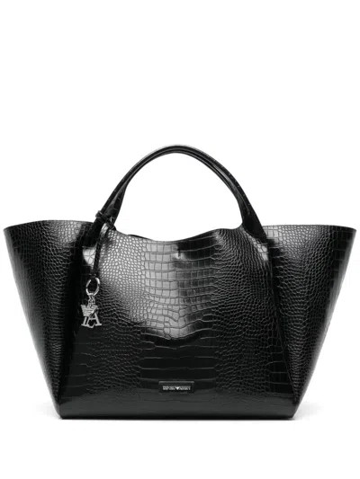 Emporio Armani Women's Black Crocodile Shopping Tote With Keyring Attachment And Removable Pouch